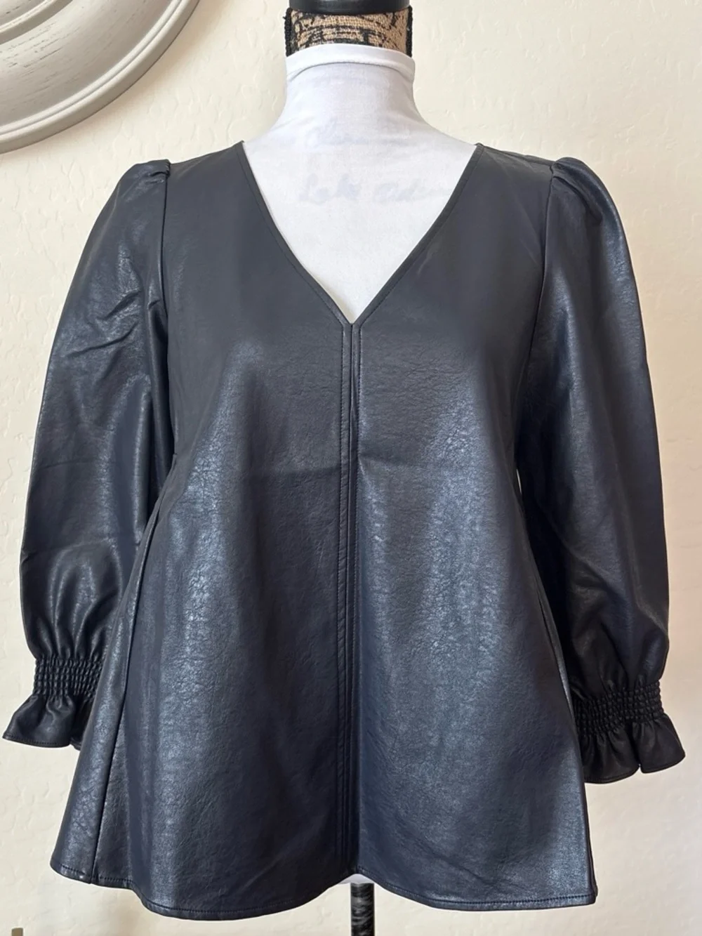 Tuckernuck Black Faux Leather V-Neck Puff Sleeve Blouse. S